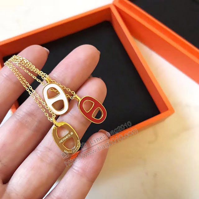 Hermes首飾品 愛馬仕necklace經典款豬鼻子 Hermes白色紅色琺瑯項鏈  zgh1539
